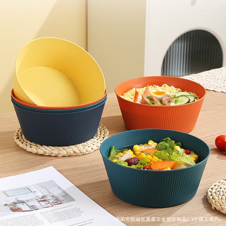 Plastic Salad Bowl, Japanese Creative Vertical Grain Instant Noodle Bowl, Home Fruit Bowl, Rice Bowl, Soup Bowl, 20cm Round Large Bowl