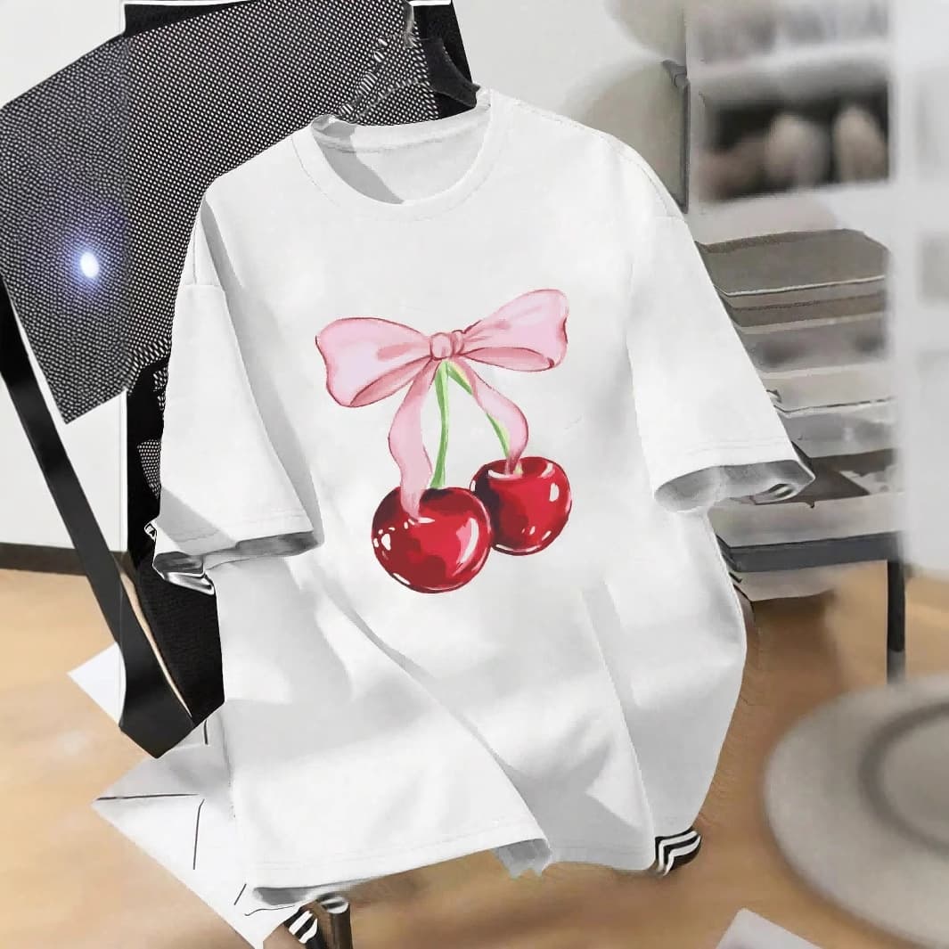 Cross-border Y2K new summer loose round neck short-sleeved cherry bow printed t-shirt top trending women's clothing