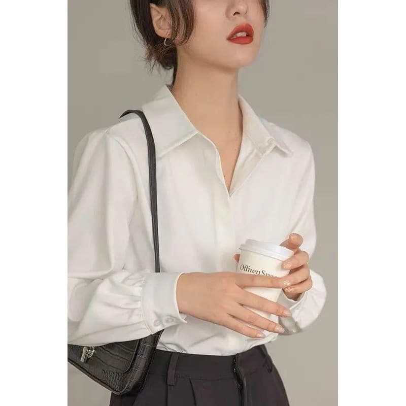 Professional Formal White Long-Sleeve Chiffon Shirt for Women, Designer Style, Niche, Turn-Down Collar, Salty Style Shirt, French Top