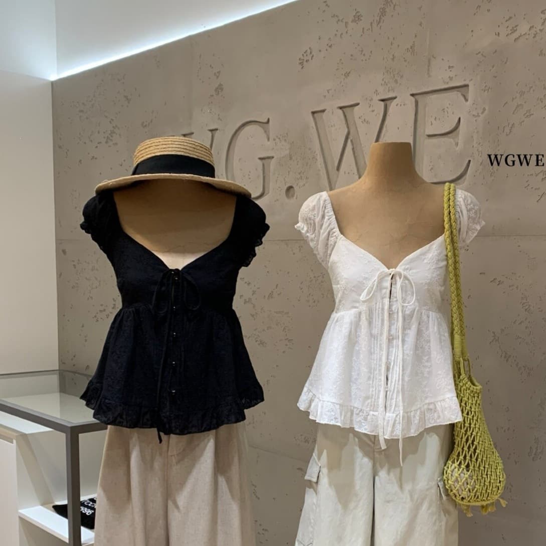 WGWE2026 Summer French Gentle Style Jacquard Embroidered Ruffled Tie V-Neck Butterfly Sleeve Blouse Women W9777