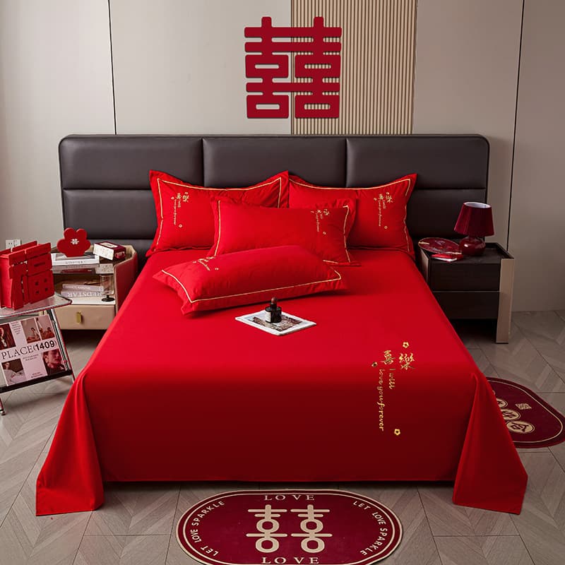 Wedding Bed Sheet Single Piece in Bright Red, Festive Wedding Red Duvet Cover, Festive Bride's Three-Piece Set, Bride's Dowry
