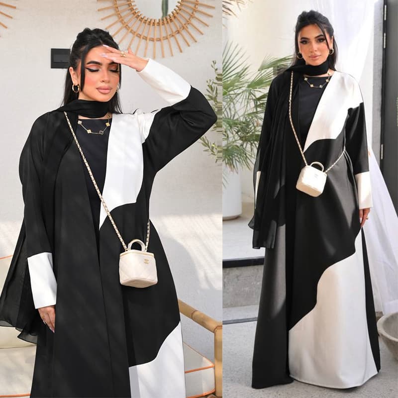 MQ285 Modest 2026 Summer New Simple High-End Contrast Black and White Patchwork Jacket Women's Long Dress