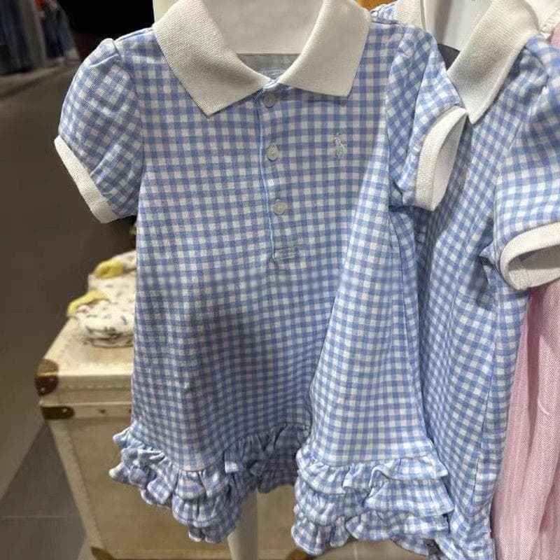 Korean Children's Clothing Girls Blue and White Plaid Princess Dress Baby Spring and Summer New Fashionable Lace Polo Collar Dress
