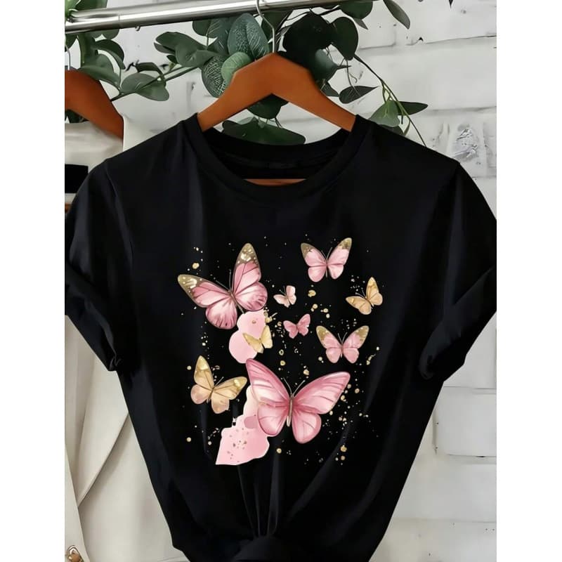 1pc Women's Pink Butterfly Print Black T-Shirt Crew Neck Casual