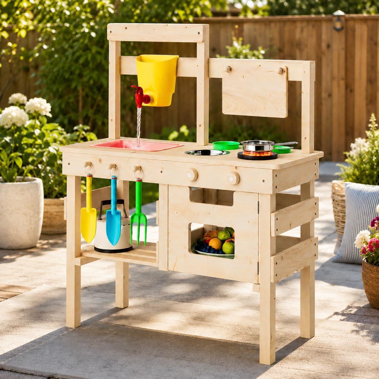 Children's Wooden Pretend Play Kitchen Toy Set, Outdoor Multifunctional Kitchen Appliance Stove Cart Toy Kitchen Set