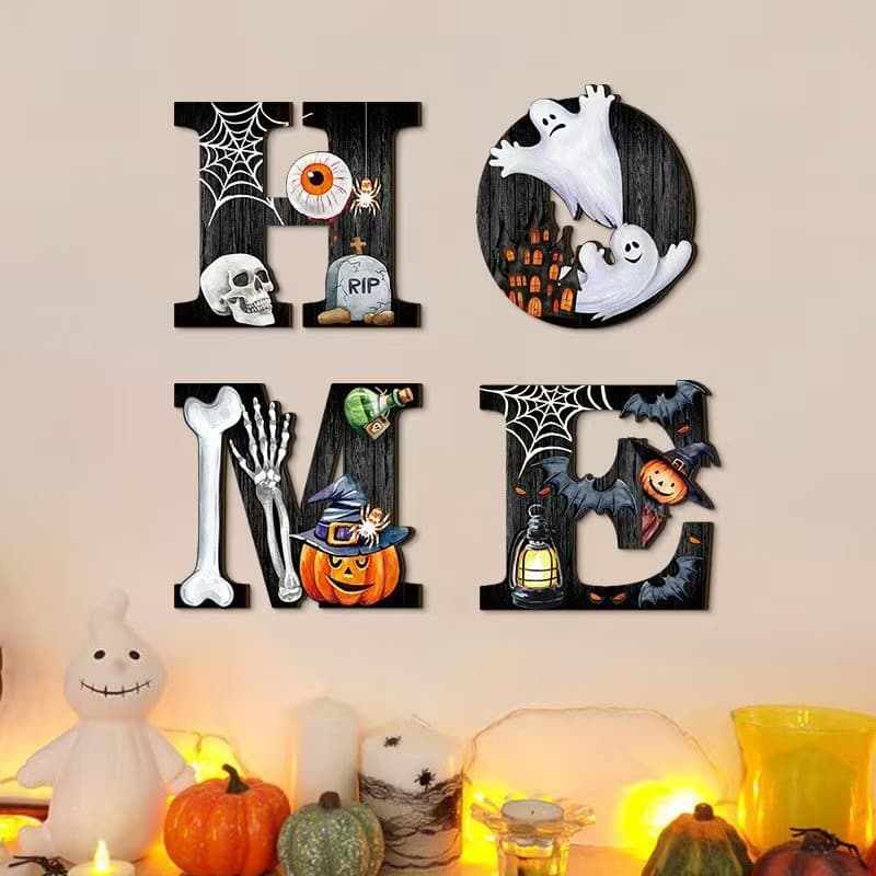 Amazon Hot Sale HOME Wooden Sign Halloween Ghost Bedroom Living Room Decoration Wooden Pendant Hanging Wall Decor