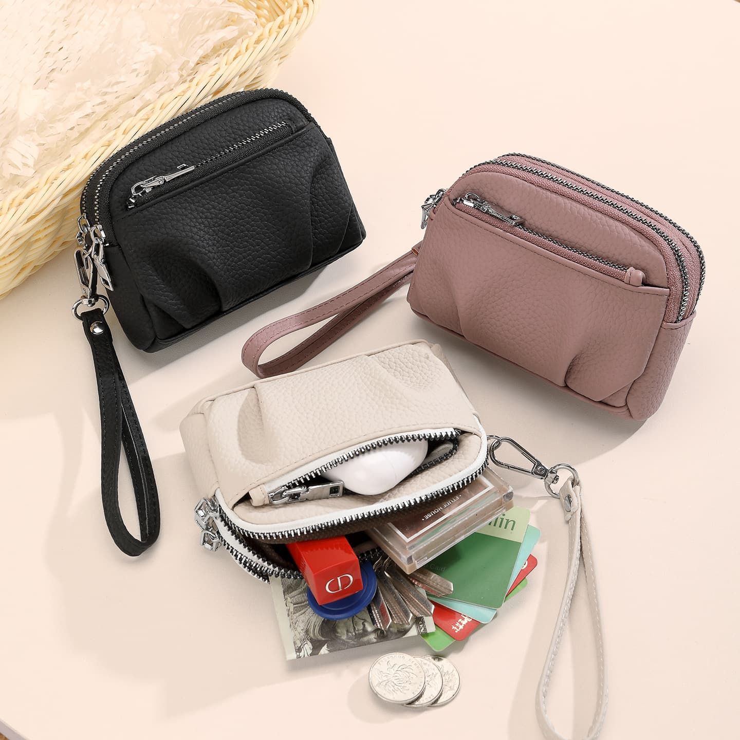 New Minimalist Solid Color PU Leather Women's Clutch Coin Purse Fashion Versatile Mini Storage Bag Genuine Leather Texture Card Holder