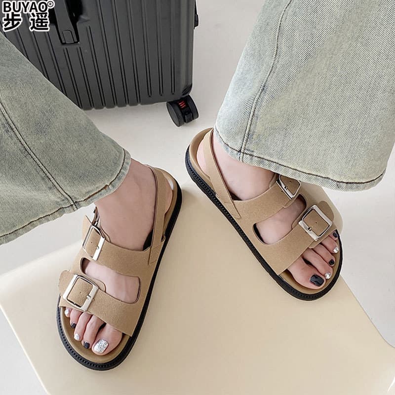 Leather Thick Sole Cloud-Like Comfort Birkenstock Sandals for Women, Summer Wearable Outdoor One-Buckle Roman Style Women's Beach Shoes