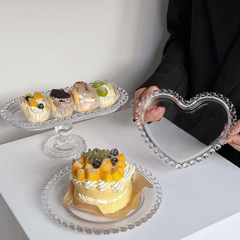 Korean-style Love Edge Fruit Glass Plate Series, Household Tall Transparent Dessert Plate, Cake Plate, Salad Plate