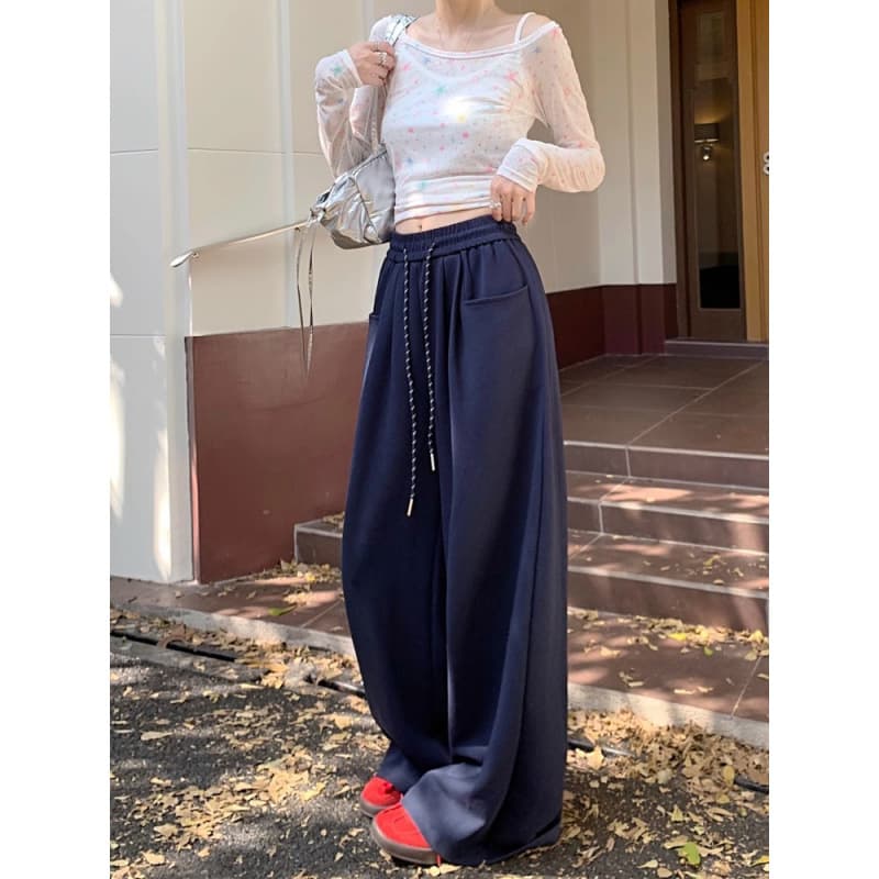 Lazy Style Fleece-Lined Wide-Leg Pants for Women Spring Autumn 2026 New Thick High-Waist Loose Straight-Leg Floor-Length Casual Trousers