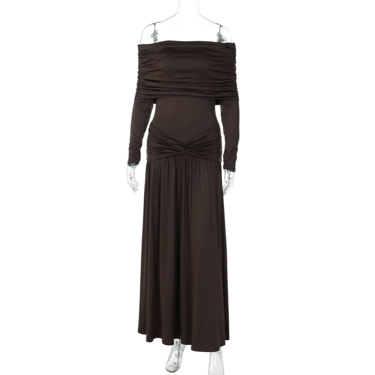 Halterneck evening gown with deep V-neck, high waist and side pleats, high slit on one side, stretchy draped long fishtail skirt