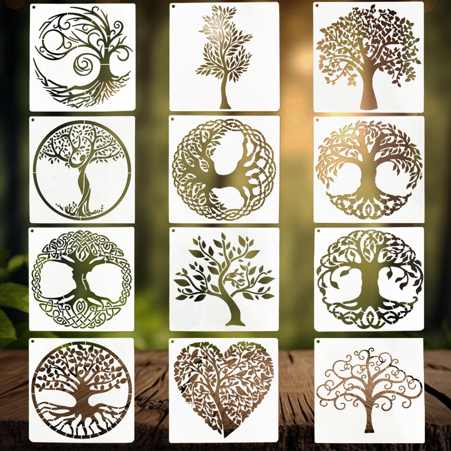 Tree of Life Stencils - Pack of 12 Reusable Painting Stencils for Handcrafts, DIY
