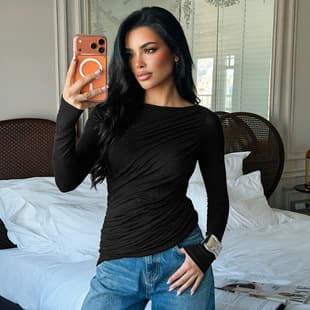 D26TP298 European-American Style Cross-Border Women's Fall New Sexy Off-Shoulder Long Sleeve Shirred Waist T-Shirt Top