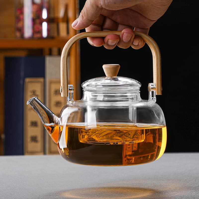 Bamboo Handle Square Lifting Lid Teapot, High Borosilicate Glass, Heat-Resistant, Filter Teapot for Electric Ceramic Stove, Green Tea Boiler, Bamboo Lifting Handle