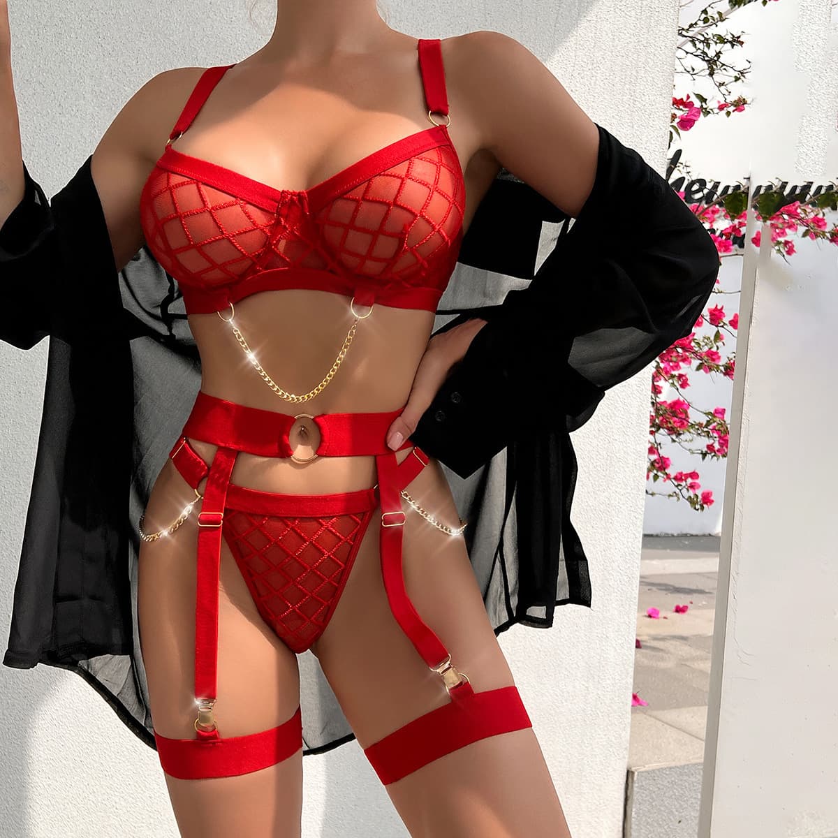 New sexy underwear, chain mesh see-through three-point suit, sexy hot girl temptation three-piece suit 1720