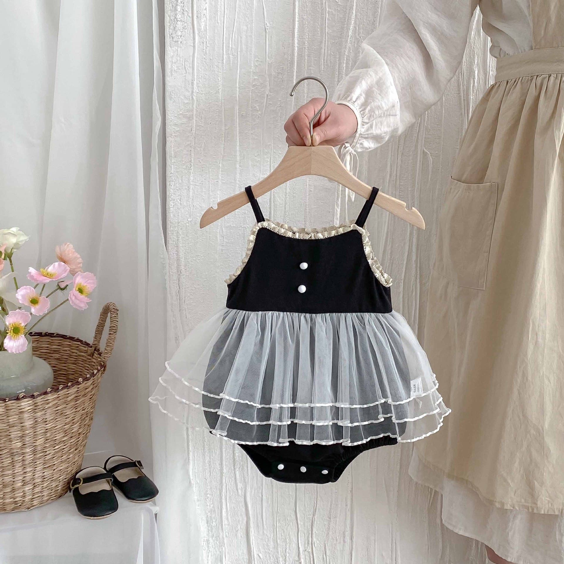 Baby Girl Summer Sweet Lace Trim Camisole Bodysuit Thin Cotton Romper Dress