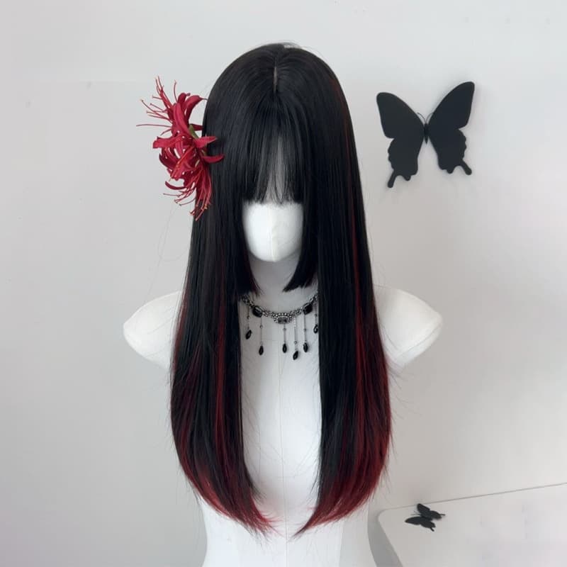 Black and red highlighted princess cut long hair Japanese style long straight hair full head wig Xiangyu