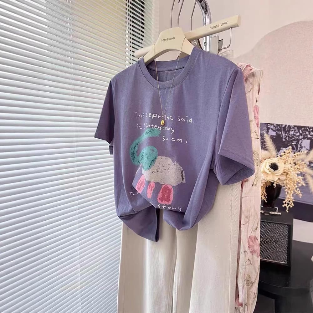 Plus Size 120kg Youthful and Age-Reducing Cute Elephant Print Snowflake Cotton Short-Sleeve T-Shirt for Women, Thin, Loose, and Cool