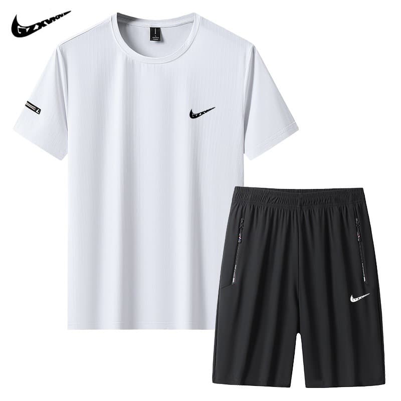New Summer Casual Sport Suit for Men, Loose Fit, Breathable, Quick-Dry Two-Piece Set, Round Neck Ice Silk Short Sleeve T-Shirt