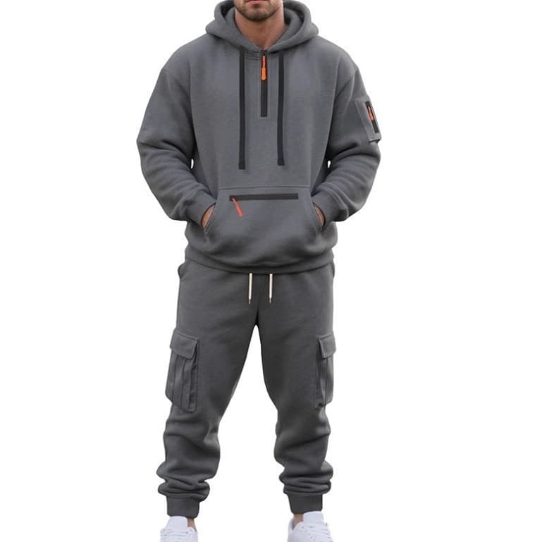 Cross-border Men's Casual Set, Workwear Zip-up Fleece Hoodie, Multi-pocket Half-zip Men's Sweatshirt Two-piece Set