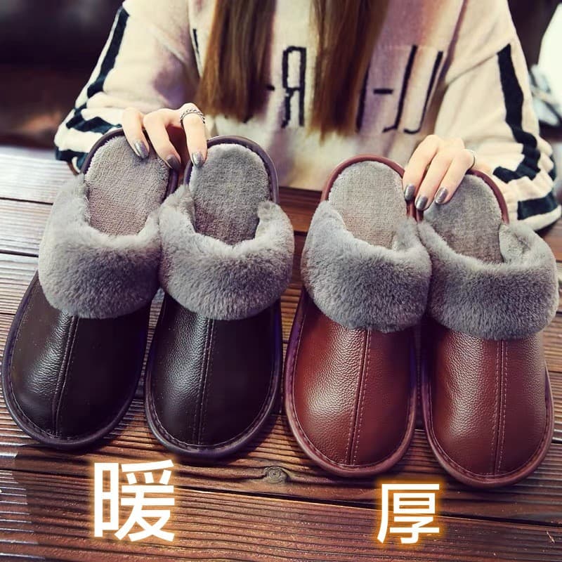 Genuine Leather Cotton Slippers Winter Unisex Home Cowhide Slippers Long Plush Indoor Warm Cotton Shoes Factory Direct Wholesale
