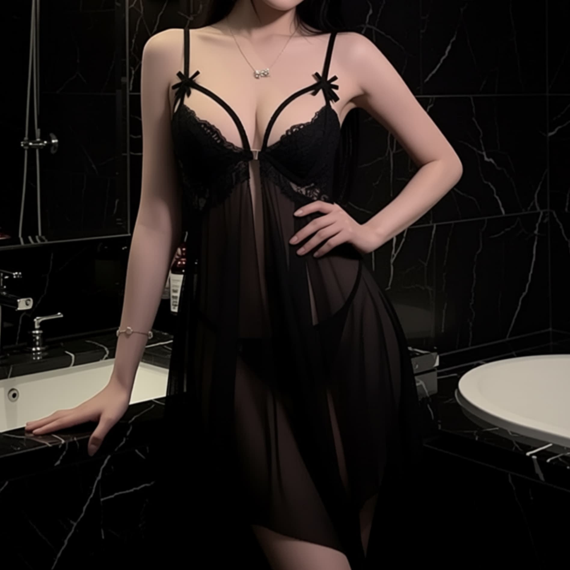 Cheese Honey Charm Sexy Lingerie European American Front-Open Sexy Dress Mesh Lace Bowknot Pure Desire Nightgown