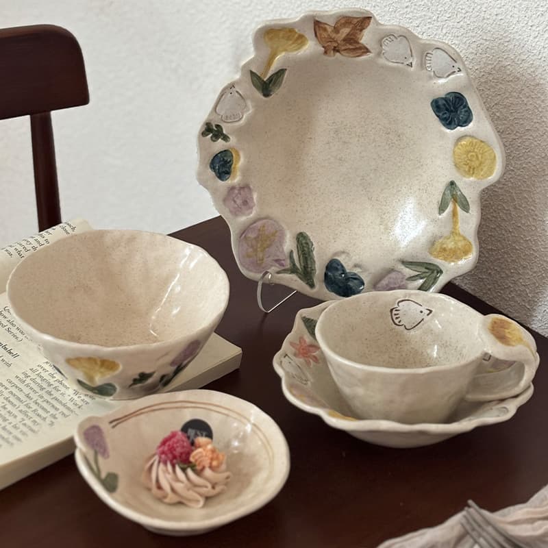 Vintage Handcrafted Ceramic Tableware Underglaze Rice Bowl, High-Aesthetic Home Plate, Breakfast Cup, Dessert Plate, Salad Bowl