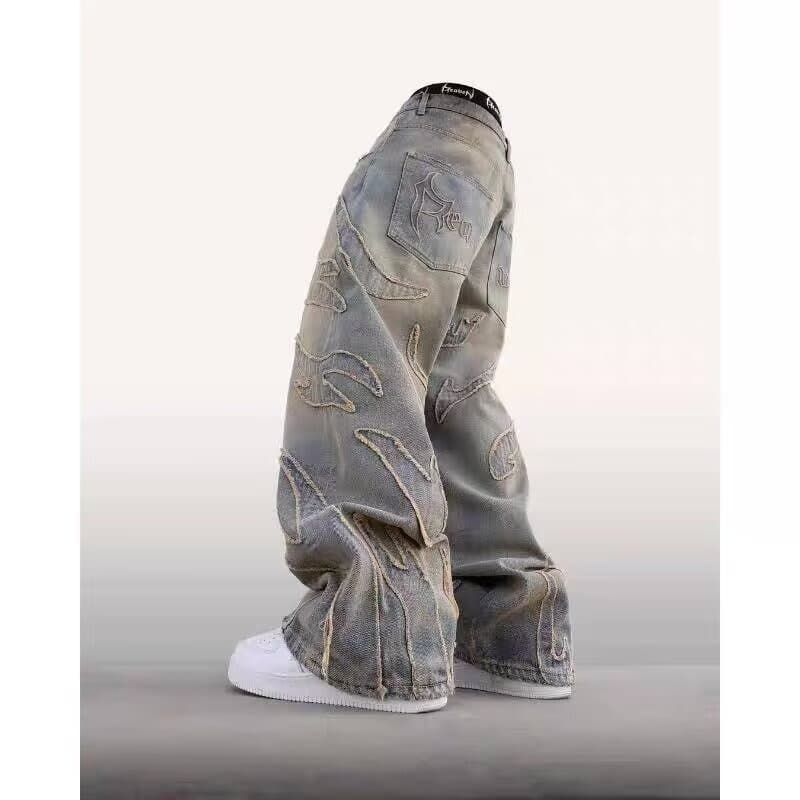 American-style Harajuku Vintage Bat Pattern Embroidered Loose Jeans Men's Street Fashion Pants Lazy Jeans