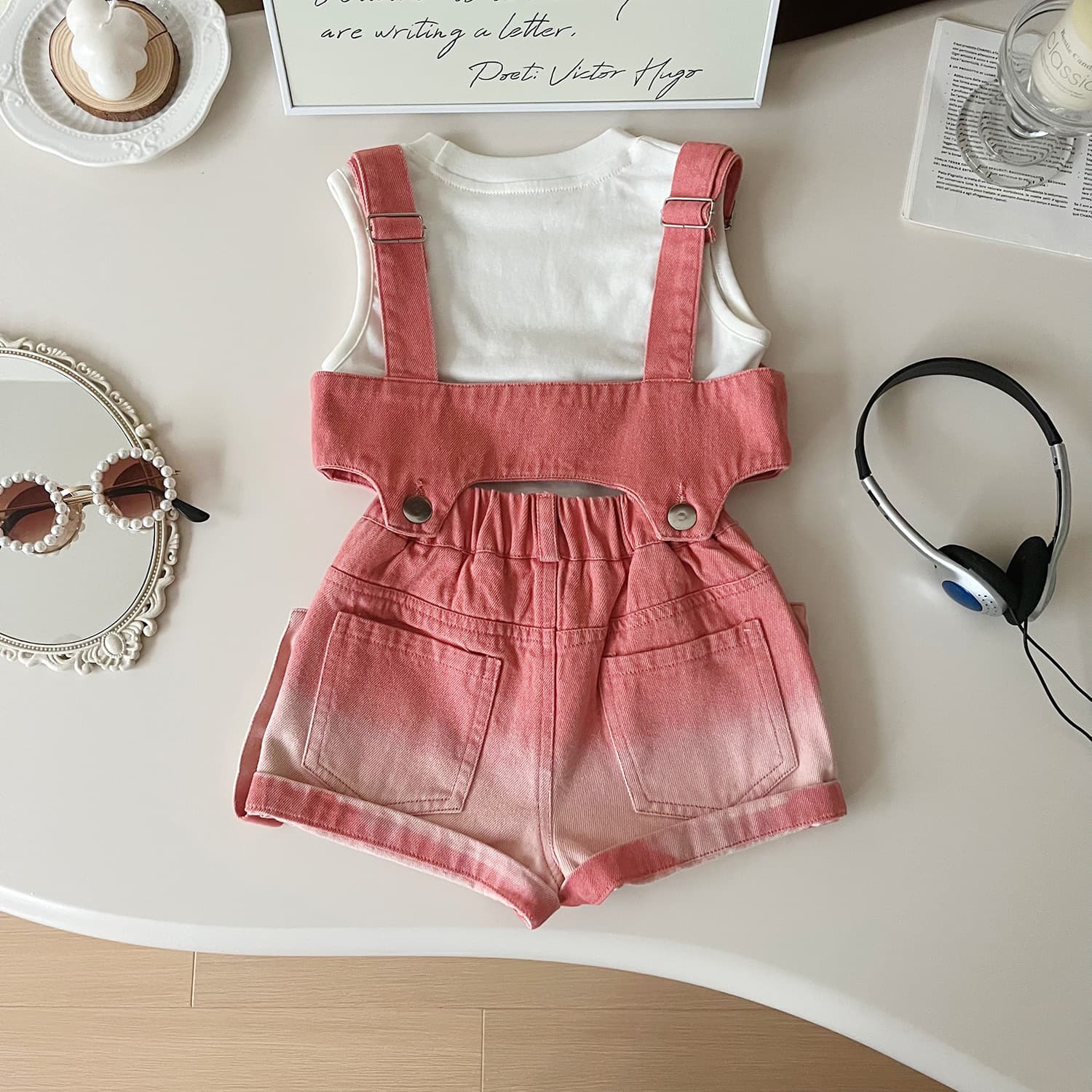 2025 summer new Korean style girls denim suspenders short-sleeved shorts 3-piece set girls cute suit