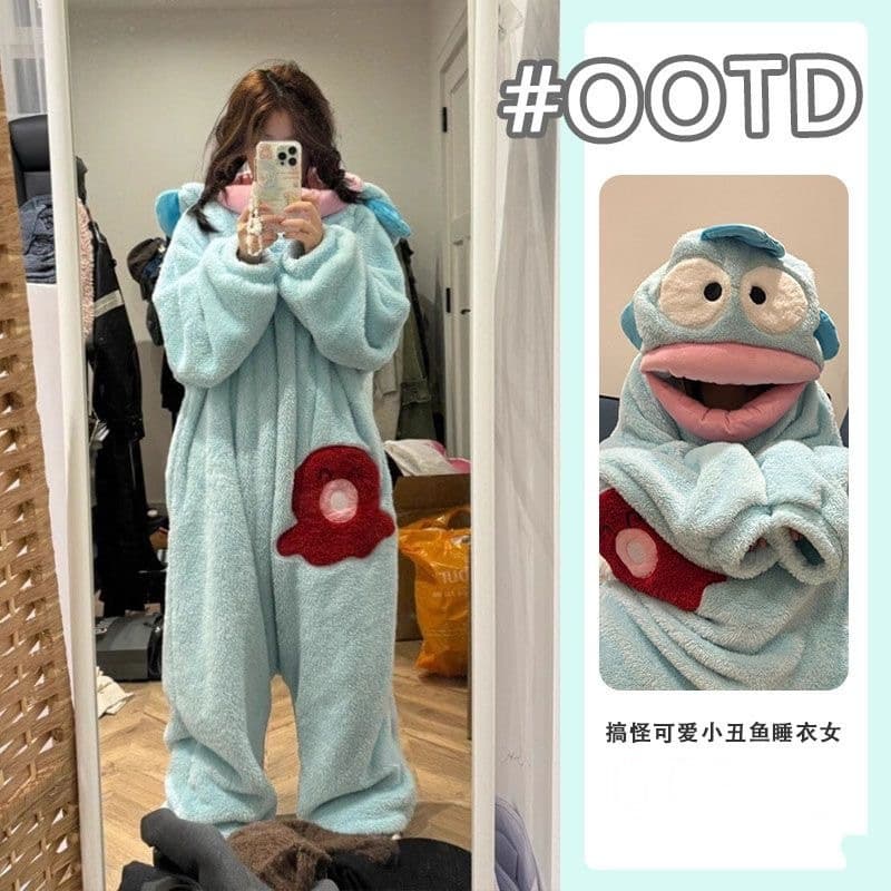 Clownfish Hanton Cute Funny One-piece Couple Pajamas for Men and Women Winter Velvet Thickened Coral Cartoon Home Clothes