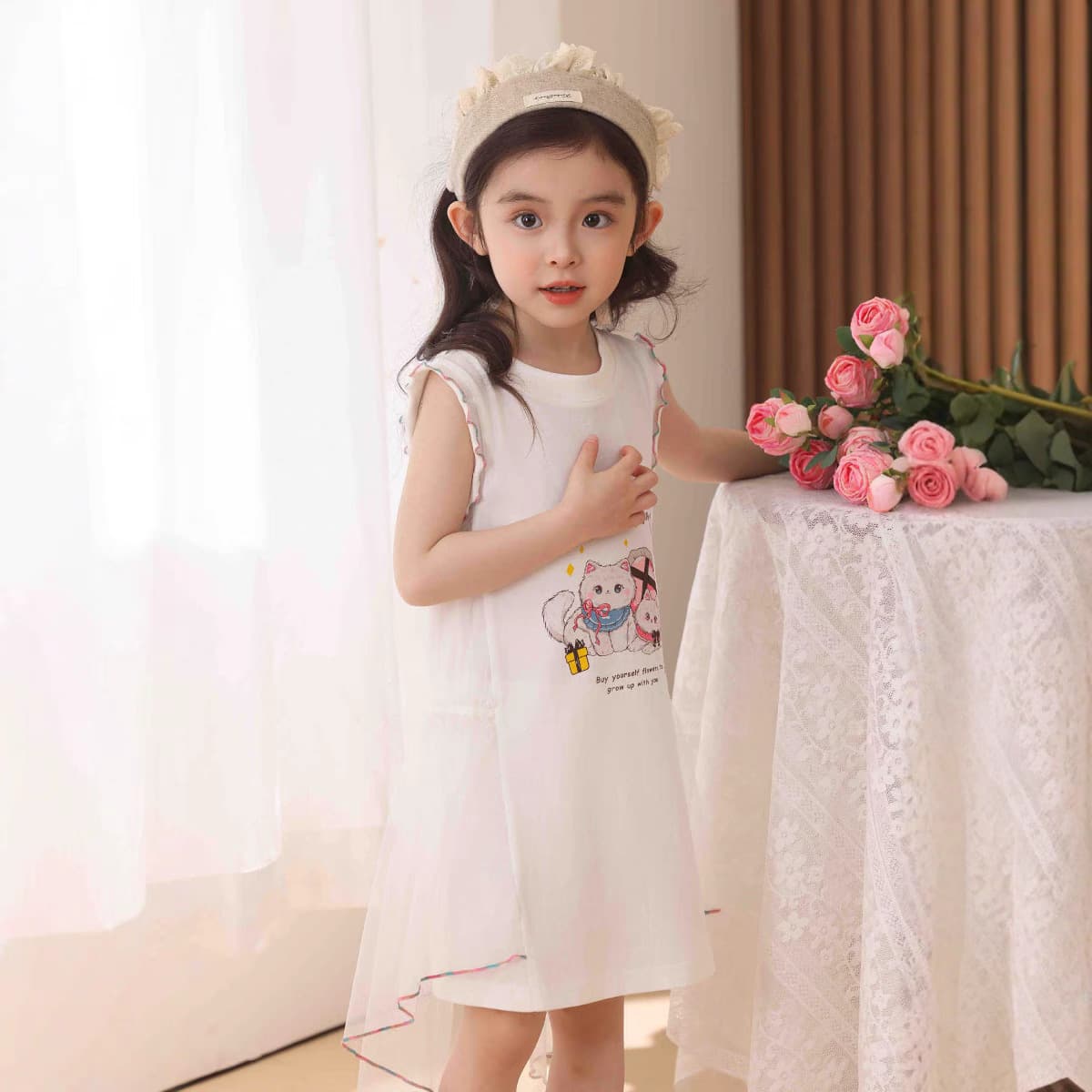 2025 Girls Summer Princess Style Sleeveless Tulle Dress Cotton Children A-Class Tulle Skirt