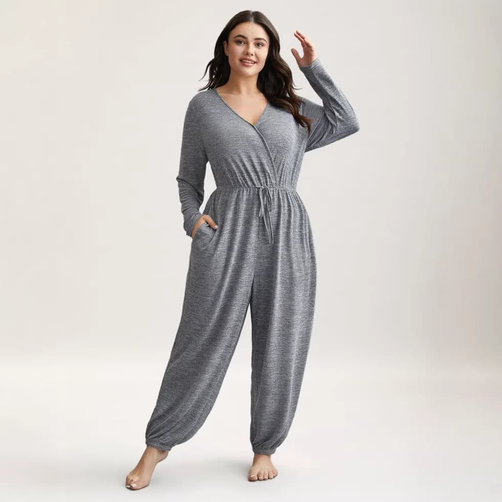 Amazon Wish Cross-Border Plus-Size Women's Clothing Women's Long Pants Deep V-Neck Tie-Waist Jumpsuit