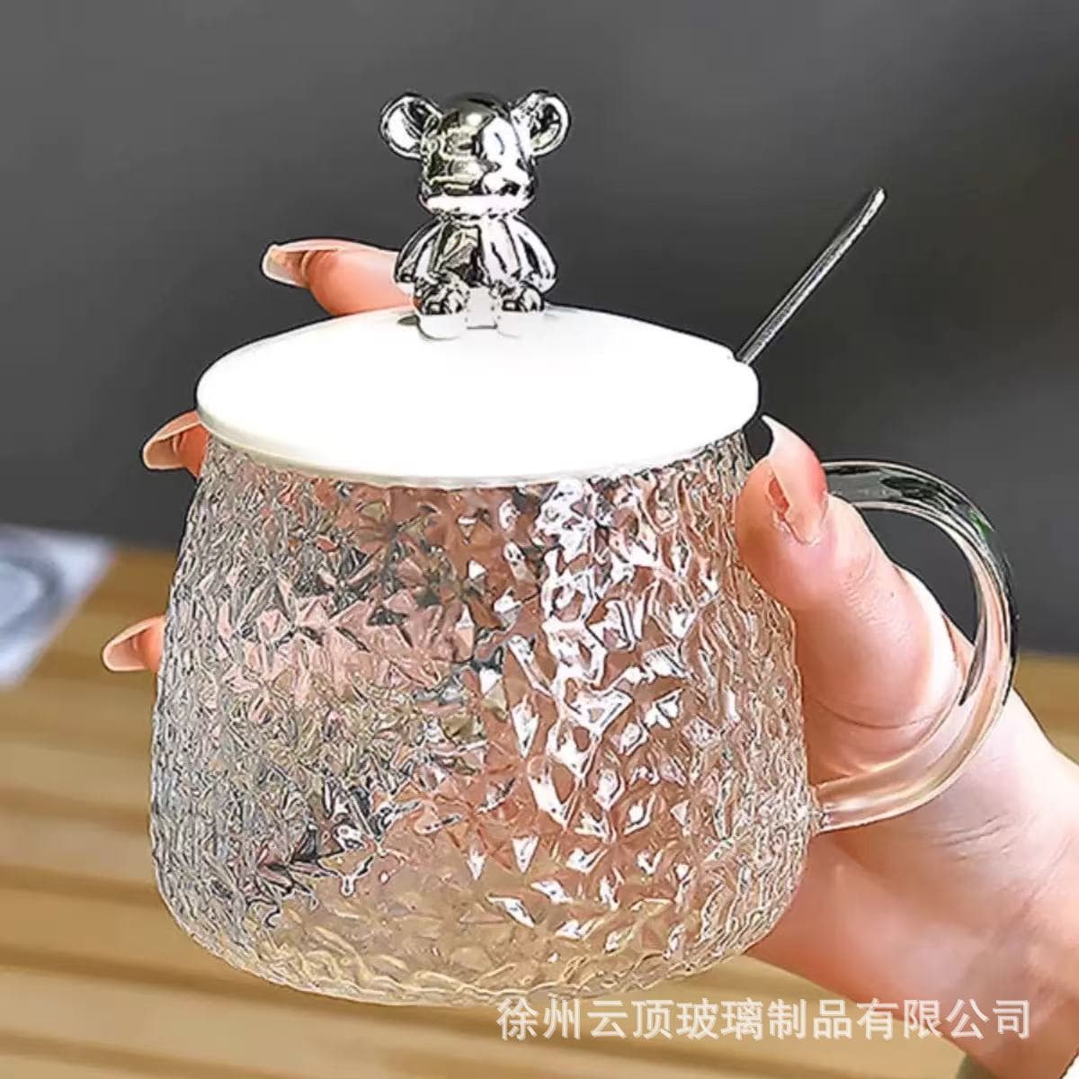 Hammer Pattern Bear Glass Cup, Household Coffee Cup, Simple Water Cup with Handle and Lid, Breakfast Cup, Transparent Tea Cup with Spoon