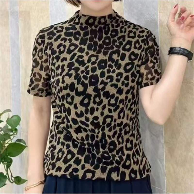Dropshipping Hot Sale Basic Top 2026 Summer Half High Neck Leopard Print Short Sleeve T-Shirt Women Slim Versatile Top