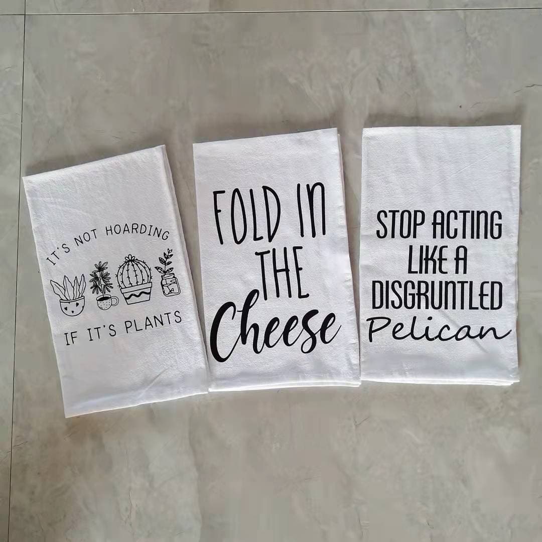 Custom cotton, crepe printed tea towels, kitchen towels, multiple colors and styles, Amazon bestseller.