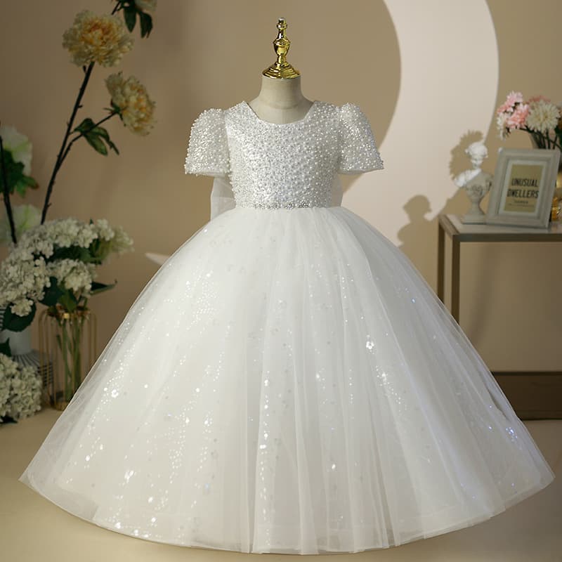 White Princess Dress Children's Formal Gown Long Skirt Heavy Beaded Embroidery Tulle Tutu Birthday Party Little Hostess Dress