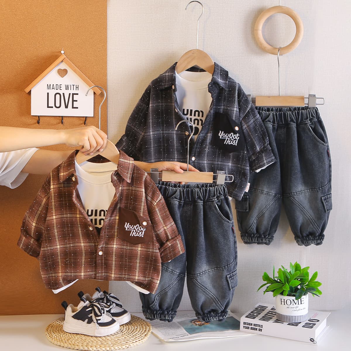 Handsome Little Boy Plaid Shirt 2026 Spring/Autumn New Stylish Boys' Fashion Casual Clothing Three-Piece Set Wholesale