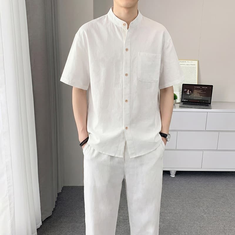 K11-HT606 [Hot] Linen Short Sleeve Shirt Set Men's Summer Cotton Linen Youth Two-Piece Set Summer 12