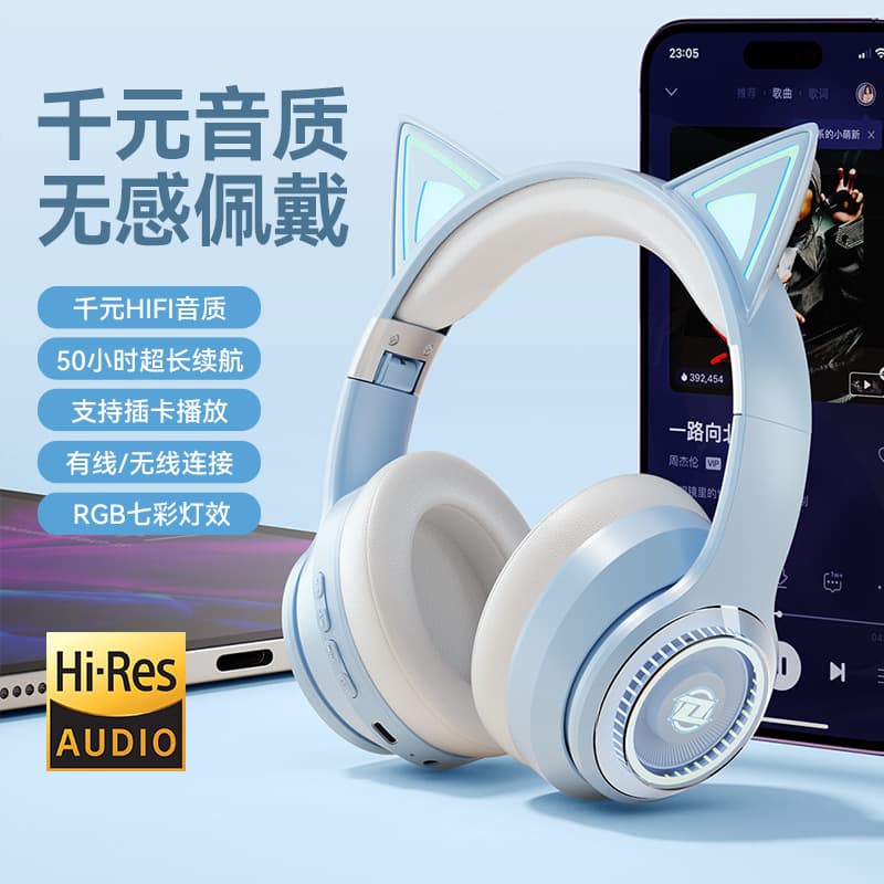 Custom Mold Glowing Cat Ear Headband Bluetooth Headset Wireless with Mic, Supports TF Card, Gaming, Universal for Phones