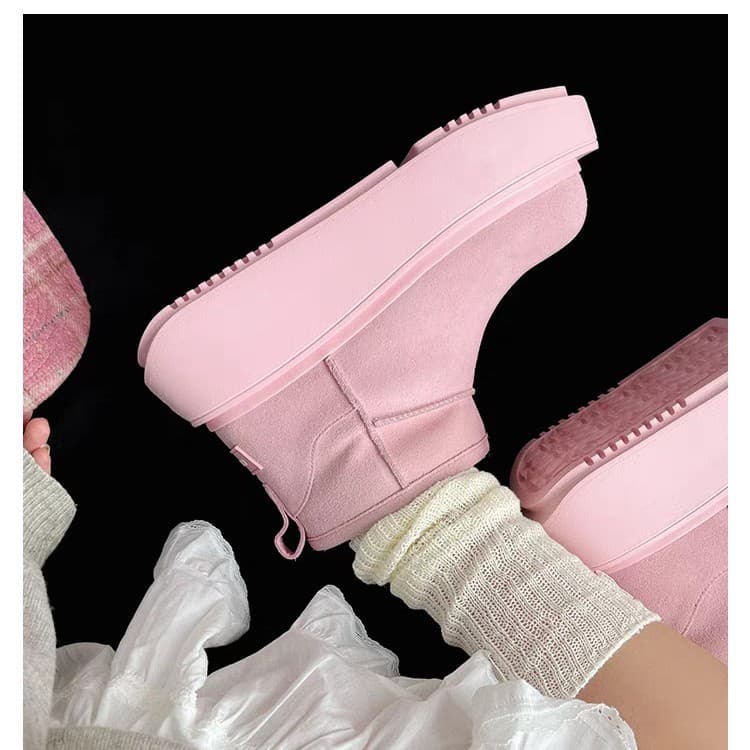 Square Round Toe Thick Sole Lift Slip-On Snow Boots 2024 Winter New Anti-Slip Platform Fleece-Lined Warm Ankle Boots