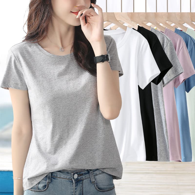 Gray Pure Cotton Short Sleeve T-Shirt for Women Summer Half Sleeve Tee Base Layer Slim Fit Round Neck Solid Color Basic Top