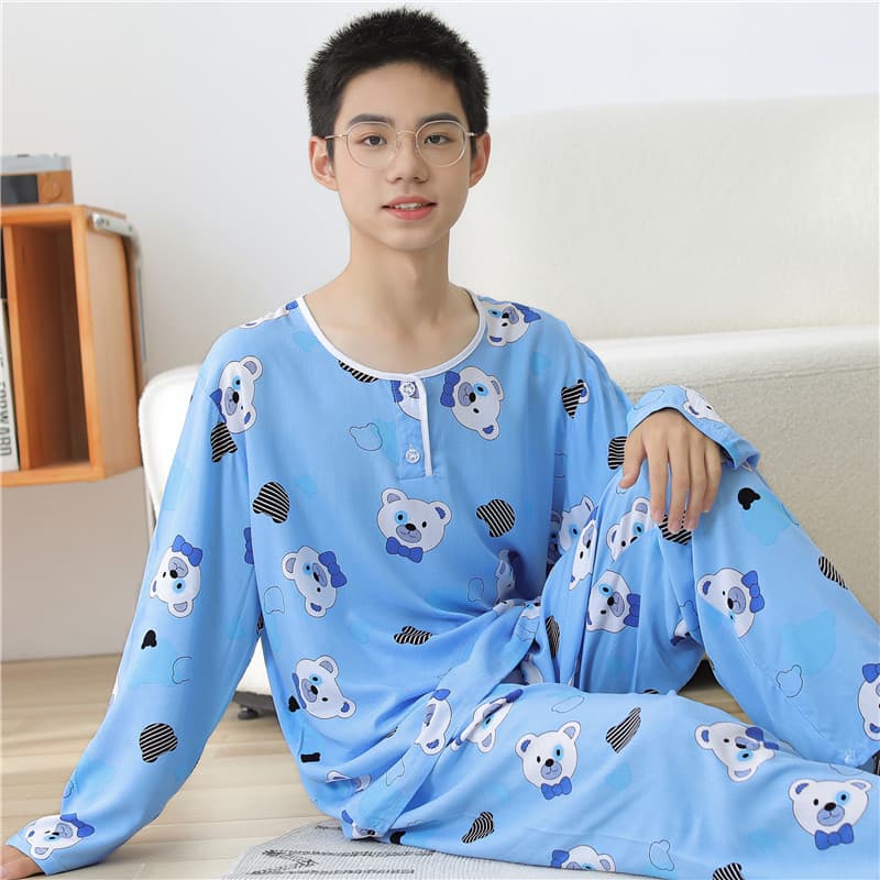 Summer Youth Silk Cotton Pajama Set, Cotton Silk Sleepwear, Loose Thin Long Sleeve for Boys and Girls, Middle School Students
