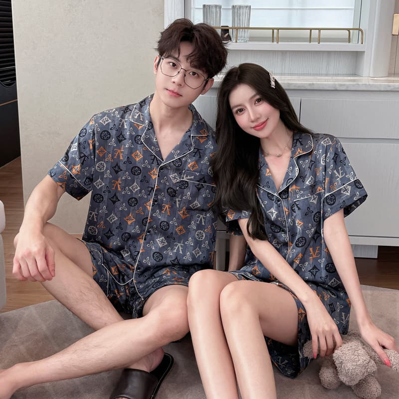 New Summer Ice Silk Short Sleeve Short Pajama Set Printed Men's Plus Size Women's Homewear Designer Style