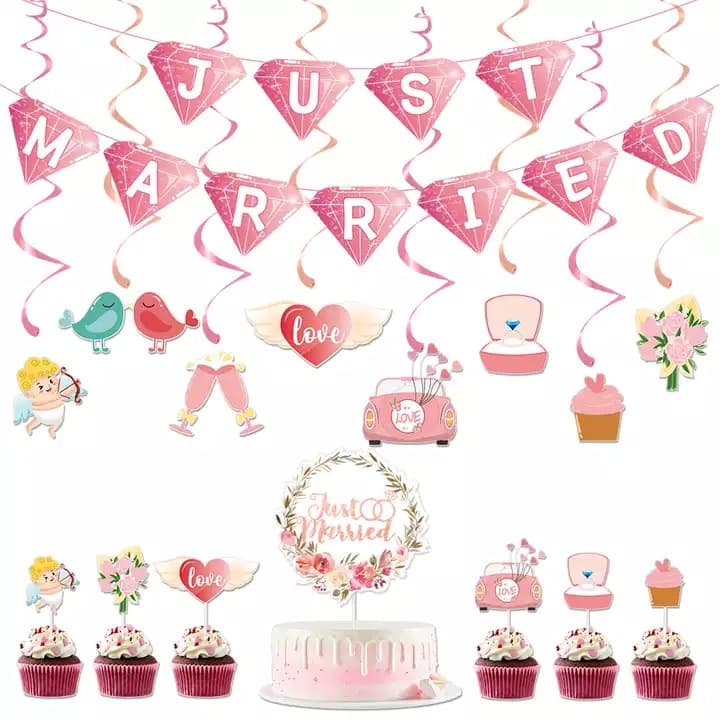 Cross-border Wedding Party Decoration JUST MARRIED Banner Flag, Cake Topper, Valentine's Day Spiral Hanging Ornament