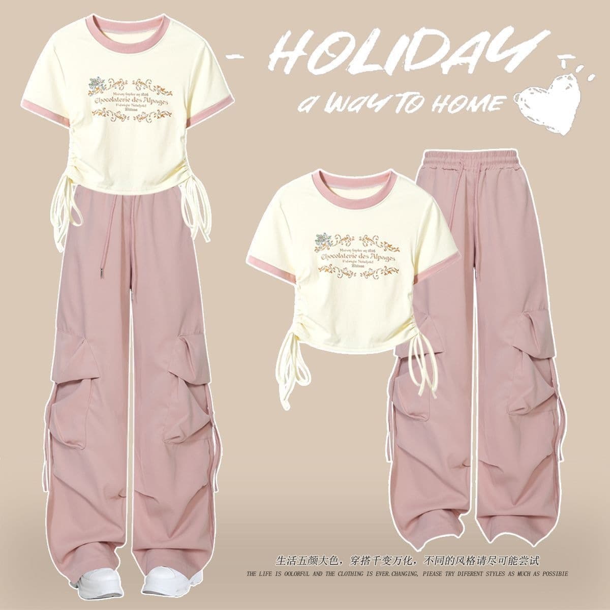 Tween Student Set 2026 New Summer Fashion Design T-Shirt Girls High-Waist Cargo Pants Two-Piece Set