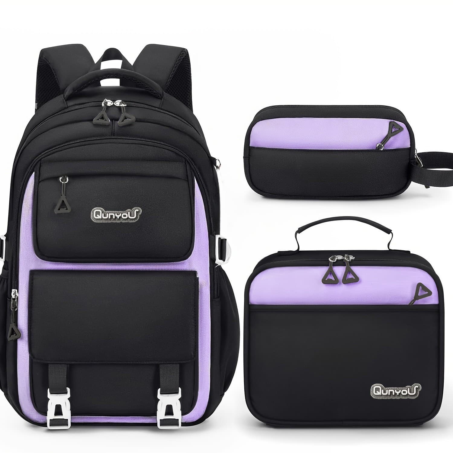 Large capacity lightweight junior high school student school bag female pencil bag lunch bag three-piece set backpack contrasting color high school backpack cross-border