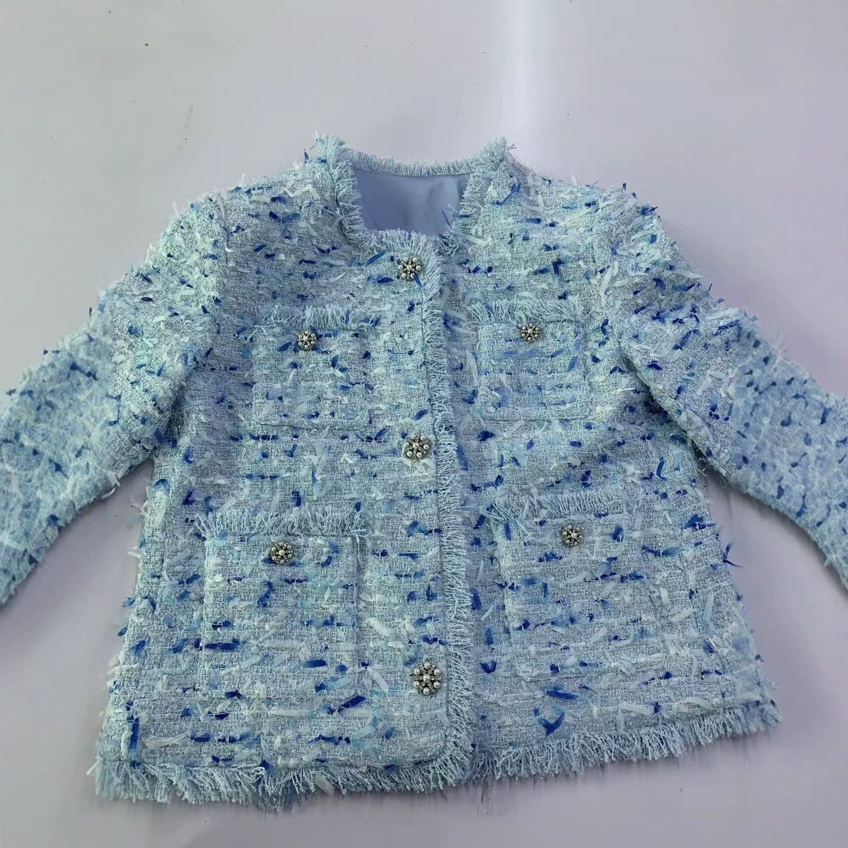 2025 Autumn New Blue Chanel-Style Fringe Raw Edge Age-Defying Socialite Look Flattering Jacket