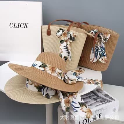 Cross-border Fresh Straw Woven Bag for Women Summer Handbag Beach Tote Large Capacity Woven Shoulder Bag Two-Piece Set