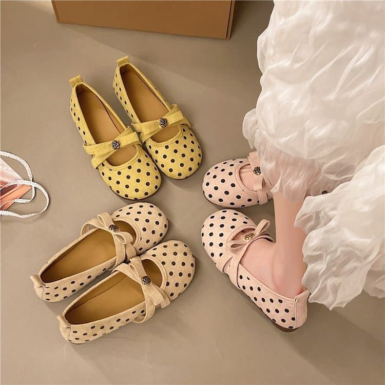 French Style Shallow Mary Jane Shoes for Women 2026 Fall New, Evening Wave Polka Dot Ballet Flats to Match Dresses