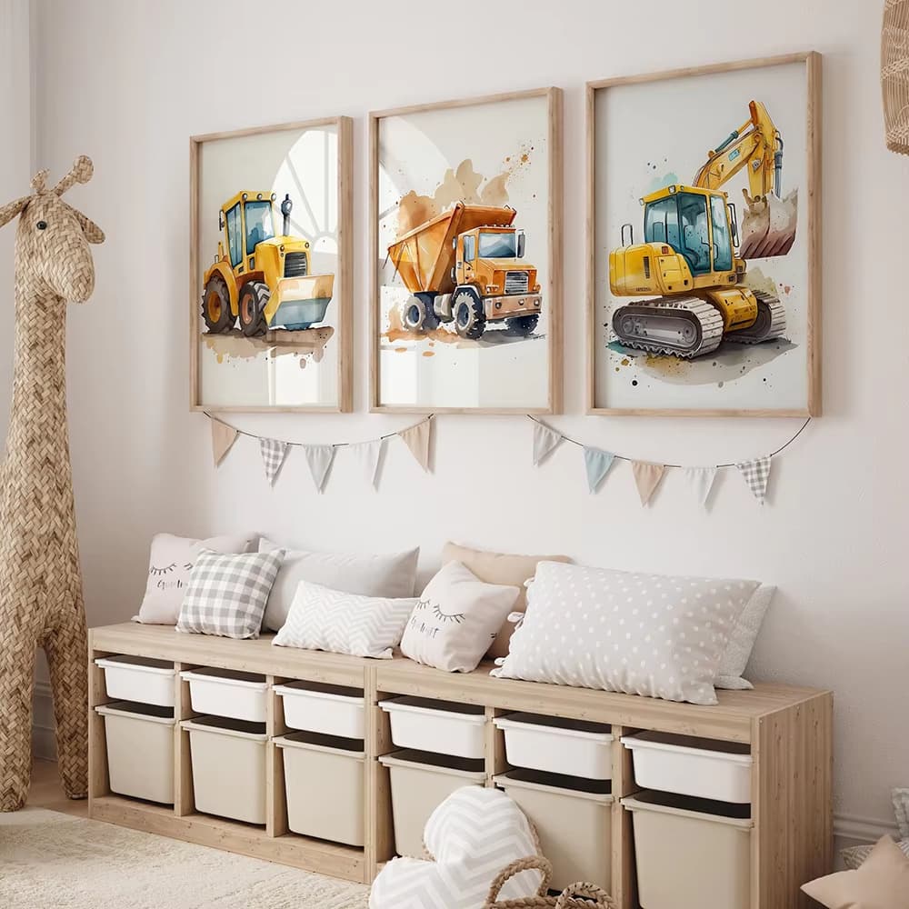 Modern Watercolor Cartoon Bulldozer Excavator Construction Vehicle Children's Room Nursery Bedroom Decorative Print Canvas